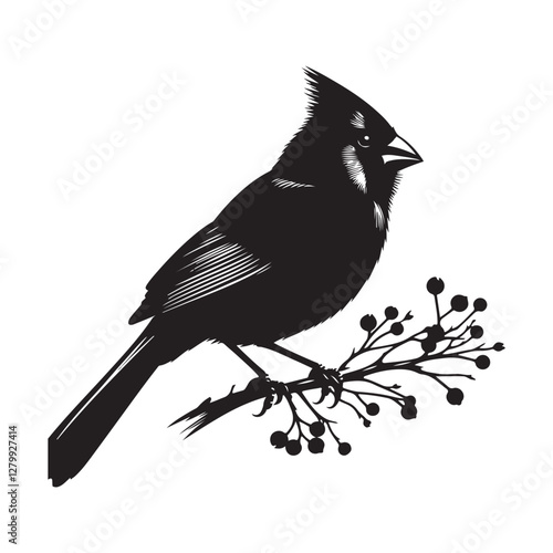 Cardinal Bird Silhouette Vector Illustration, Solid White Background.