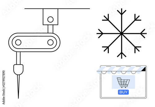 Automated manufacturing tool with robotic arm, snowflake design representing winter, online shopping interface with cart and Buy button. Ideal for technology, automation, seasonal marketing