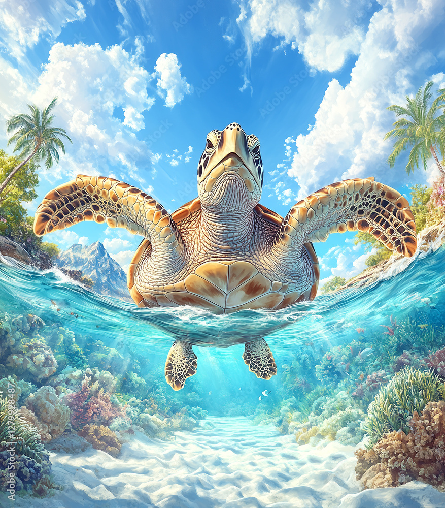Obraz premium Turtle is swimming in the ocean with a palm tree in the background. The image has a calm and peaceful mood, with the turtle being the main focus of the scene