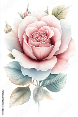 A beautiful rose clipart on a white background, created with pastel watercolor pencils. The soft colors of pink, red, blue, silver, and gold are isolated on a clean, blank white background.