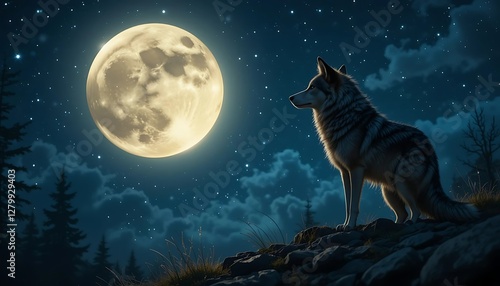 Wallpaper Mural Wolf Howling at the Full Moon in the Starry Night Sky Torontodigital.ca