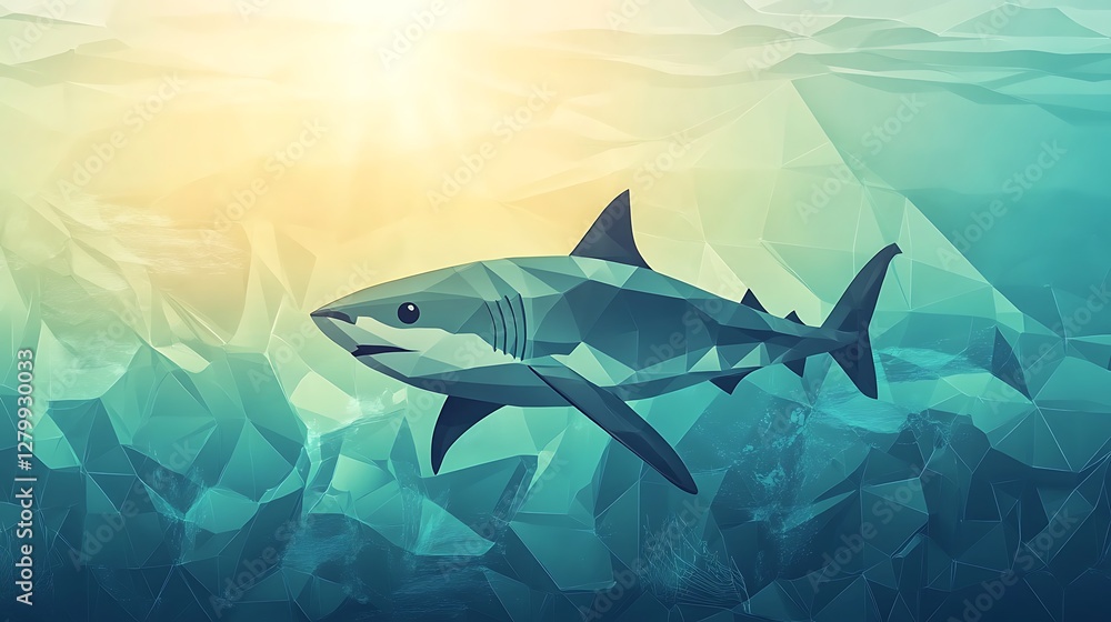 Obraz premium Shark swimming ocean sunrise, underwater polygonal art