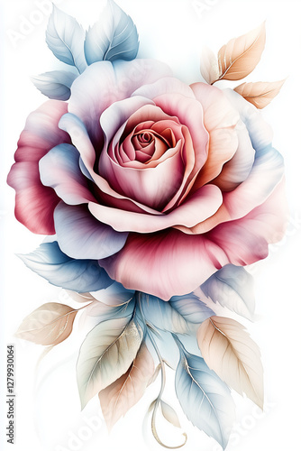 A beautiful rose clipart on a white background, created with pastel watercolor pencils. The soft colors of pink, red, blue, silver, and gold are isolated on a clean, blank white background.