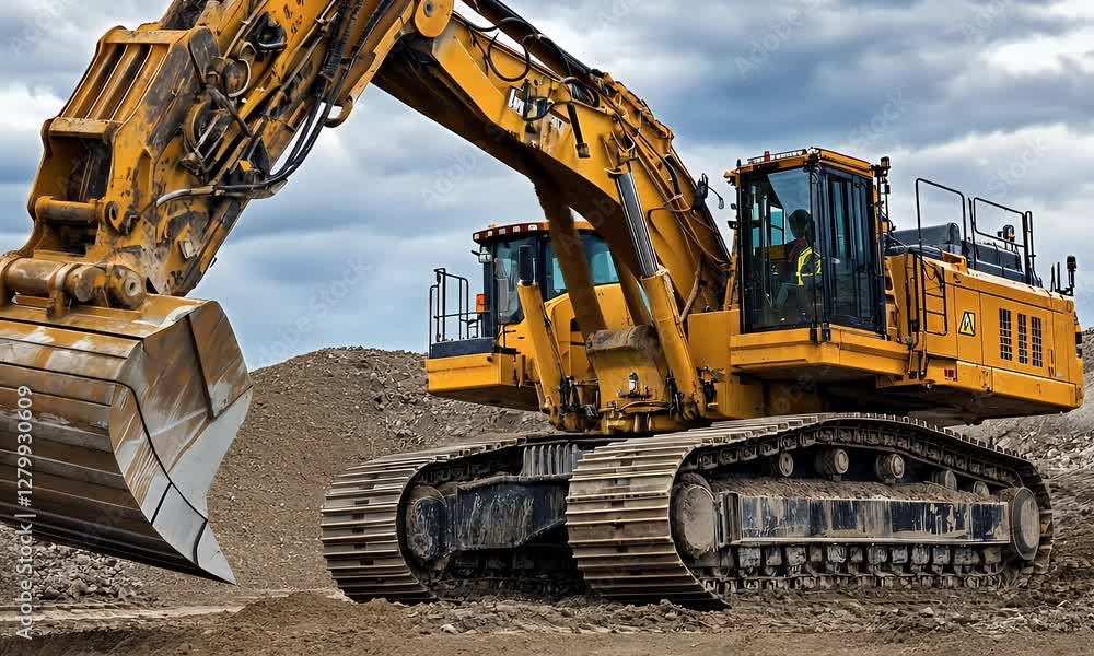 Heavy excavator machinery digging earth on construction site with cloudy sky in background Heavy excavator machinery digging earth on construction site with cloudy sky in background