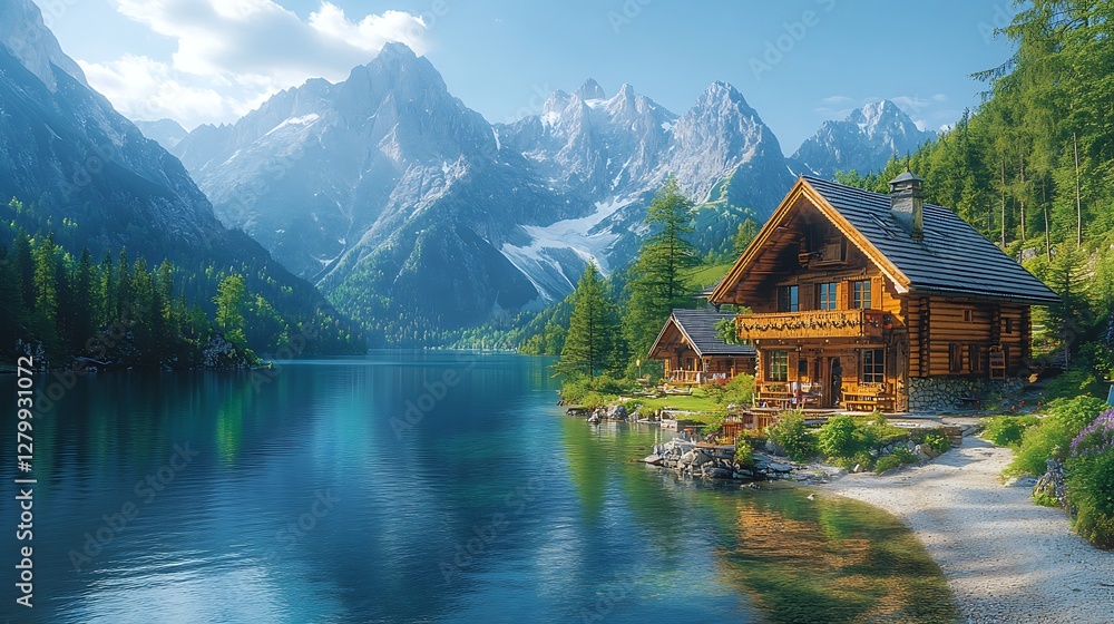 Fototapeta premium Austrian village with mountain lake scenery high resolution hd picture