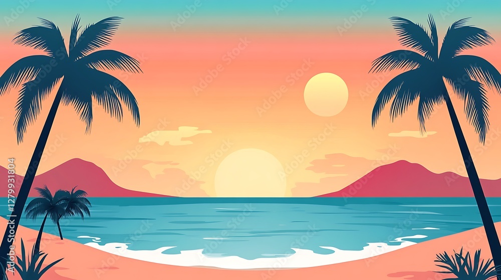 Fototapeta premium Tropical beach sunset scene illustration