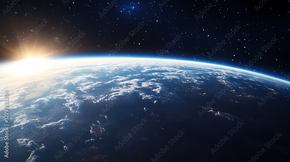Earth from Space: A Breathtaking Horizon Lit by Sunrise or Sunset with Clouds and Stars Earth from Space: A Breathtaking Horizon Lit by Sunrise or Sunset with Clouds and Stars