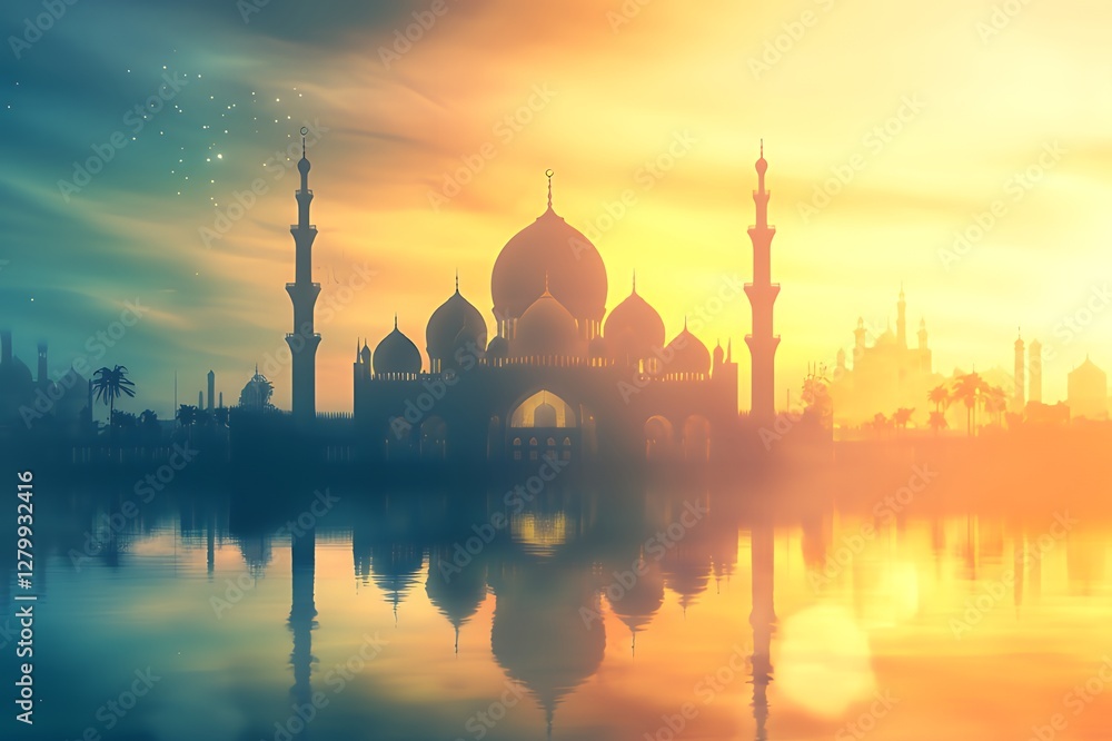 Obraz premium Majestic Mosque Silhouette at Sunrise Reflecting in Water