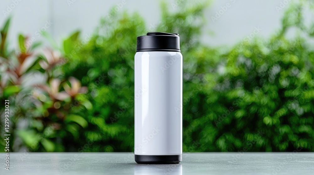 White thermos bottle on table, green plants background, product shot