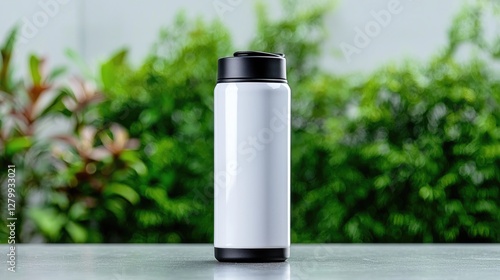 Obraz na płótnie White thermos bottle on table, green plants background, product shot w salonie