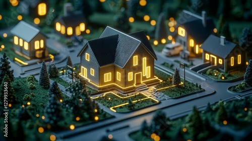 Wallpaper Mural Charming Suburban House at Night with Warm Glow and Lush Greenery Surrounding It Torontodigital.ca