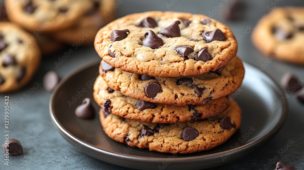 Chocolate chip cookies, stacked, close-up, baking Chocolate chip cookies, stacked, close-up, baking
