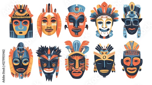 Colorful Tribal Masks Collection for Design or Illustration