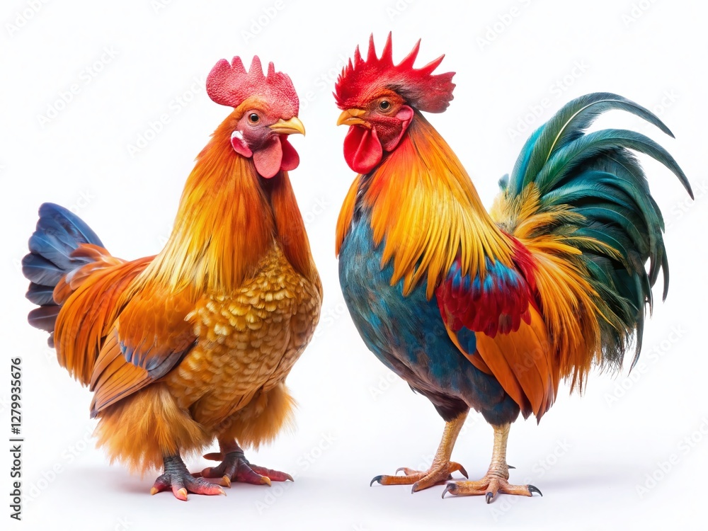 Fototapeta premium Majestic Rooster & Hen: Traditional Gamecocks on White Background, Copy Space