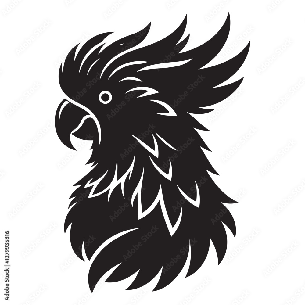 Obraz premium Cockatoo Bird Silhouette Vector Illustration, Solid White Background.