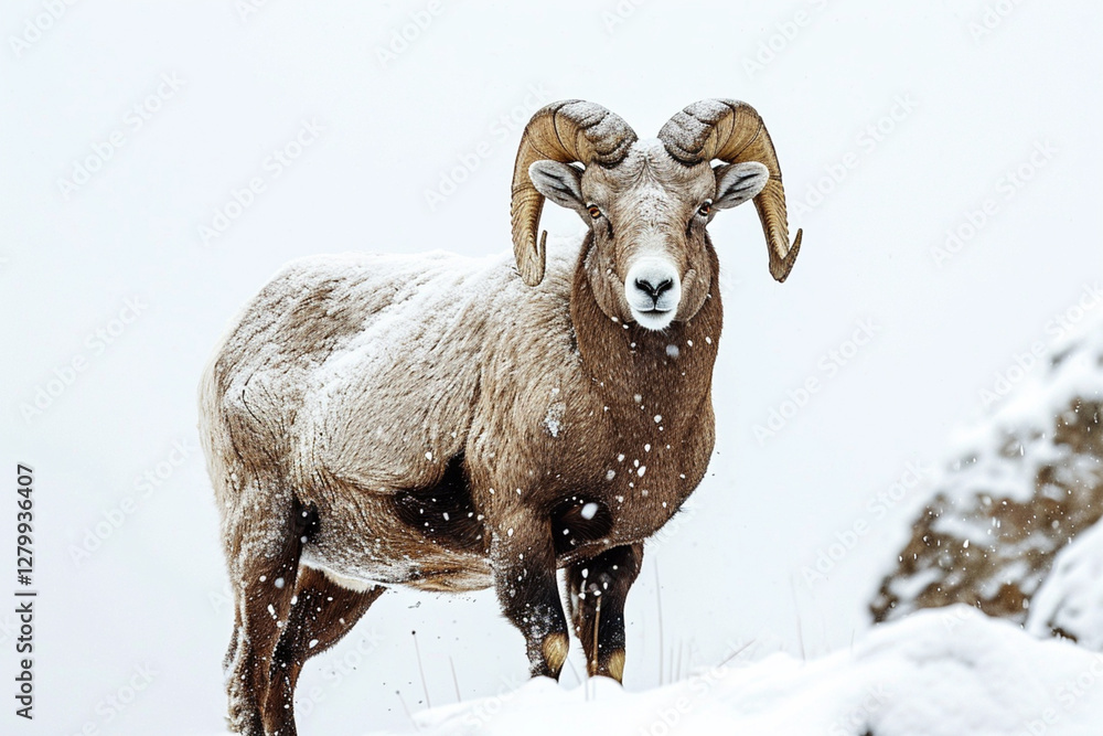 Fototapeta premium Bighorn Sheep standing in a mountain landscape. Animal front portrait.