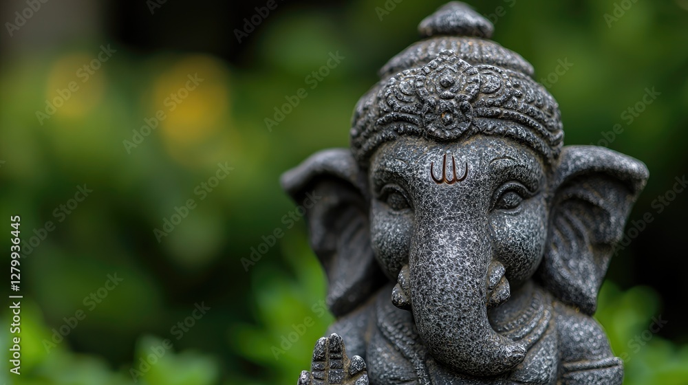 Ganesha statue in garden setting; peaceful representation, possible use for spiritual or religious themes Ganesha statue in garden setting; peaceful representation, possible use for spiritual or religious themes