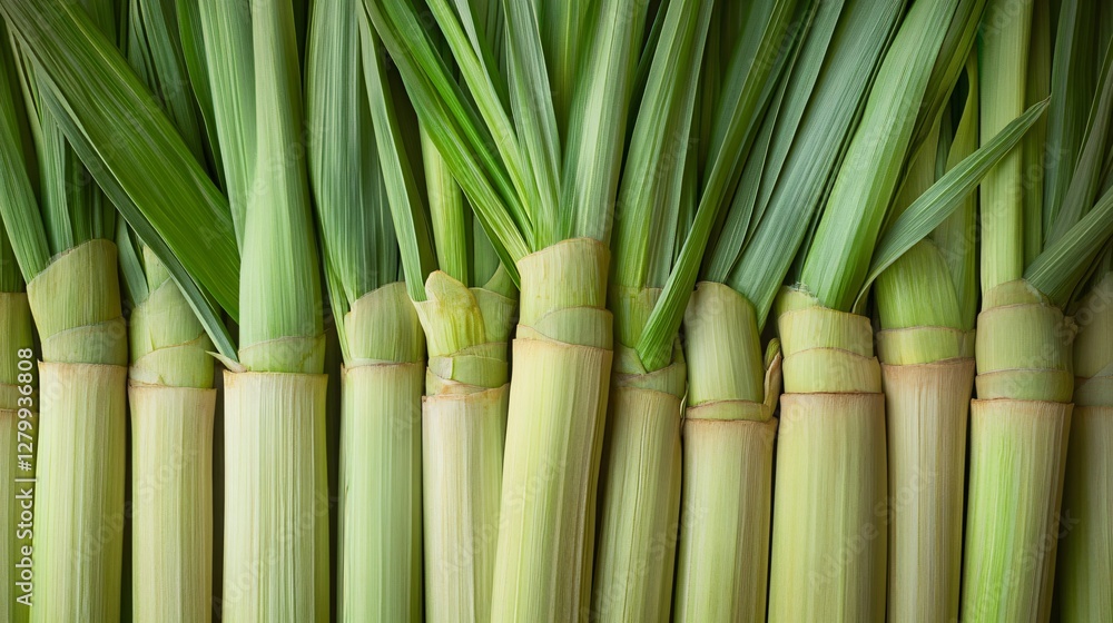 A collection of freshly harvested sugar cane stalks and leaves A collection of freshly harvested sugar cane stalks and leaves