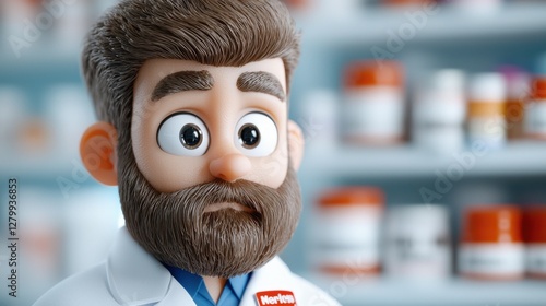 Animated Cartoon Character of a Pharmacist Providing Information and Guidance on Prescription Medication and Drug Details with an Expressive Friendly Facial Expression