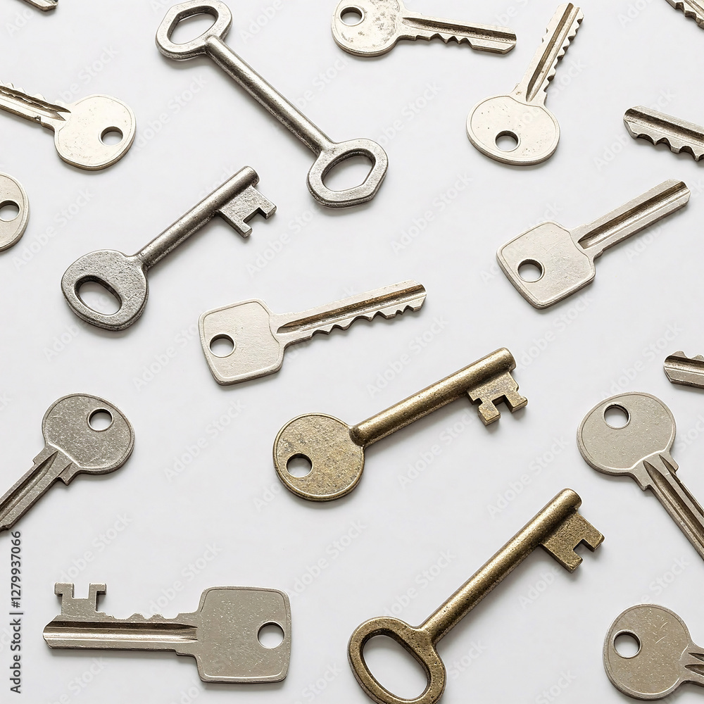 A lot of different keys on white background. Seamless pattern front view A lot of different keys on white background. Seamless pattern front view