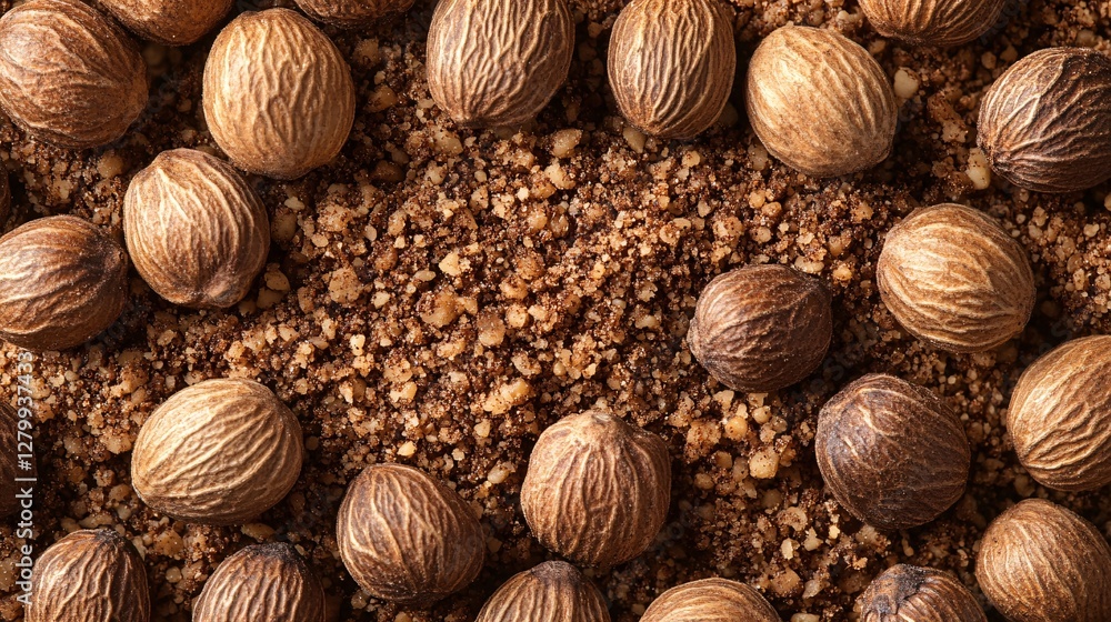 Nutmegs Are Piled On Some Ground Spices Together For Display Nutmegs Are Piled On Some Ground Spices Together For Display