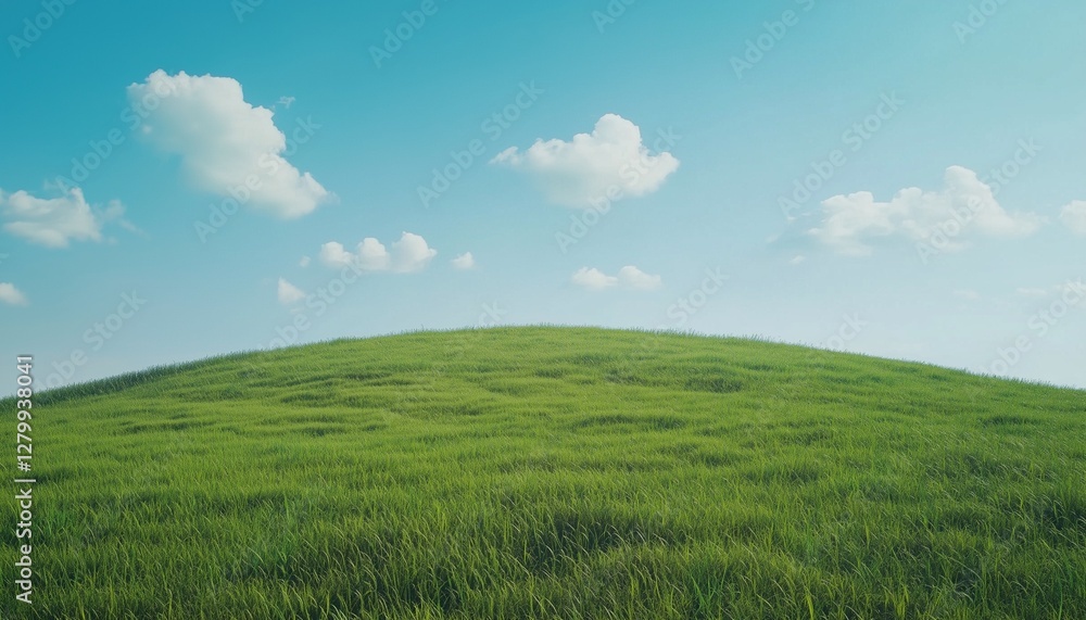 Obraz premium Green grass meadow hill with blue sky on summer day