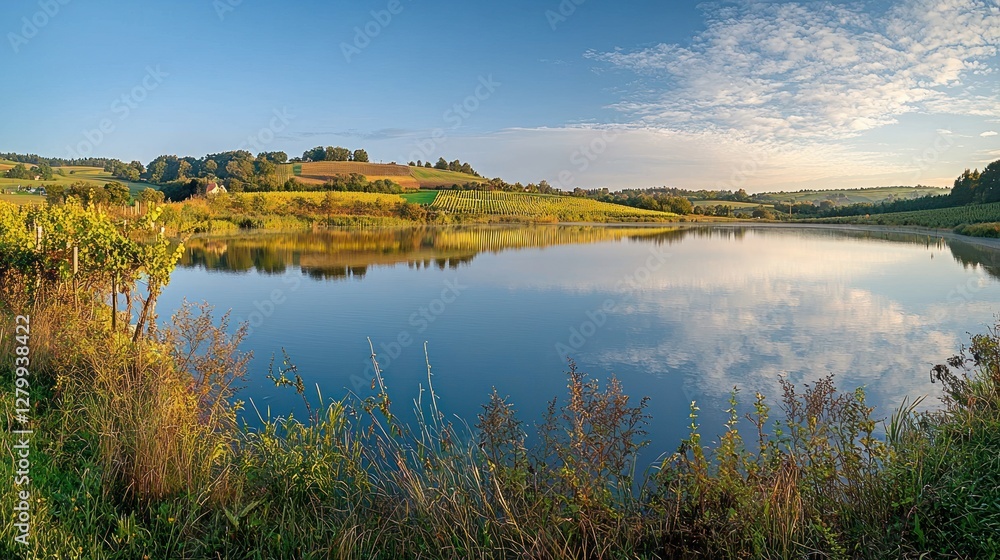 Calm lake reflecting sky and autumnal hills. Calm lake reflecting sky and autumnal hills.