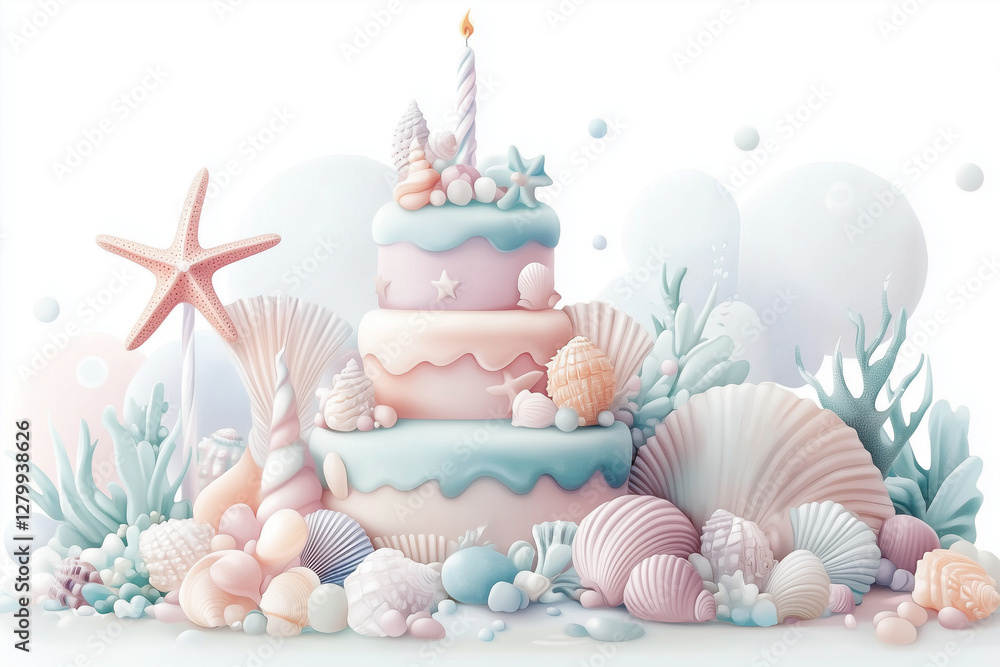 Watercolor illustration of a birthday cake made of stacked seashells clipart, unique and elegant coastal theme, isolated on white background Watercolor illustration of a birthday cake made of stacked seashells clipart, unique and elegant coastal theme, isolated on white background