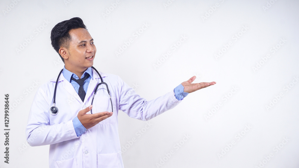 Portrait of Asian Male Doctor Presenting Something with Copy Space Isolated on White Background Portrait of Asian Male Doctor Presenting Something with Copy Space Isolated on White Background
