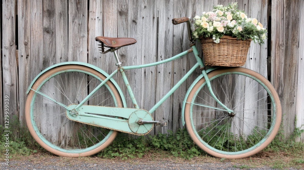 A close-up of a classic bicycle with a wicker basket filled with fresh flowers, leaning against an old wooden fence in a charming rural setting. A close-up of a classic bicycle with a wicker basket filled with fresh flowers, leaning against an old wooden fence in a charming rural setting.