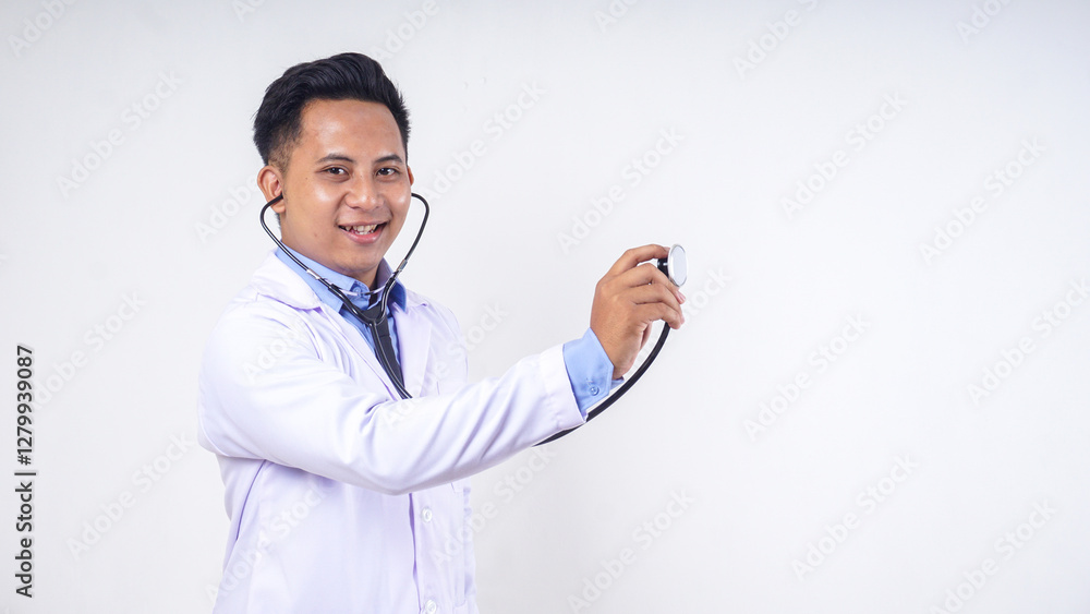 Portrait of Handsome Asian Male Doctor Puts Stethoscope to Patient Isolated on White Background Portrait of Handsome Asian Male Doctor Puts Stethoscope to Patient Isolated on White Background