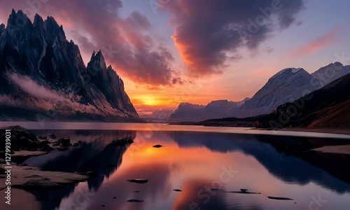 Wallpaper Mural Majestic sunset over tranquil lake reflecting mountains and colorful sky in serene nature setting Torontodigital.ca