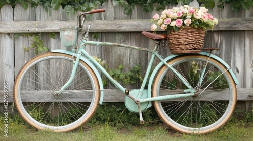 A close-up of a classic bicycle with a wicker basket filled with fresh flowers, leaning against an old wooden fence in a charming rural setting.
