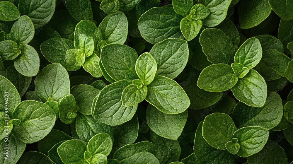 A macro close up view of fresh green oregano leaves A macro close up view of fresh green oregano leaves