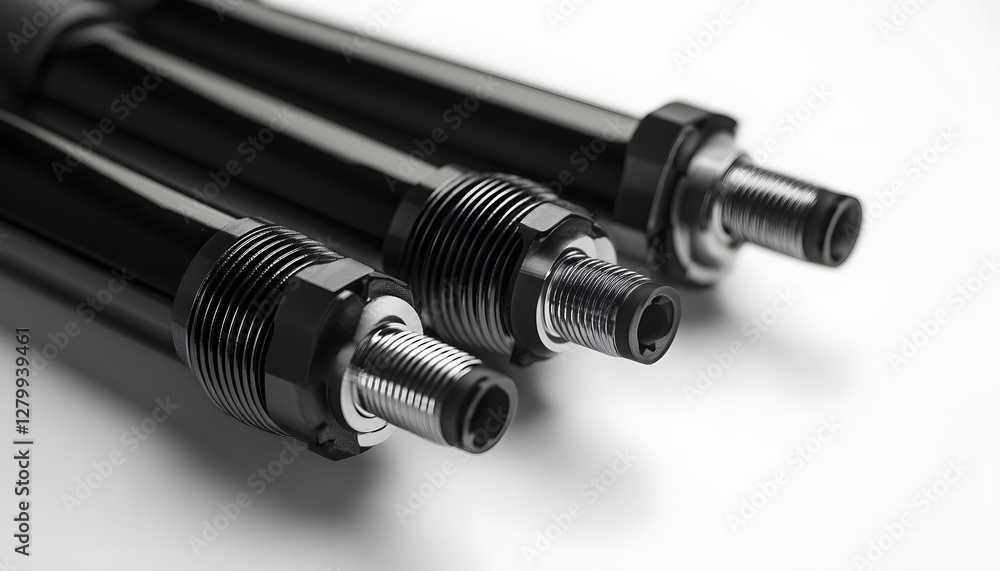 Three sleek black metal cylinders lie on a white surface Three sleek black metal cylinders lie on a white surface