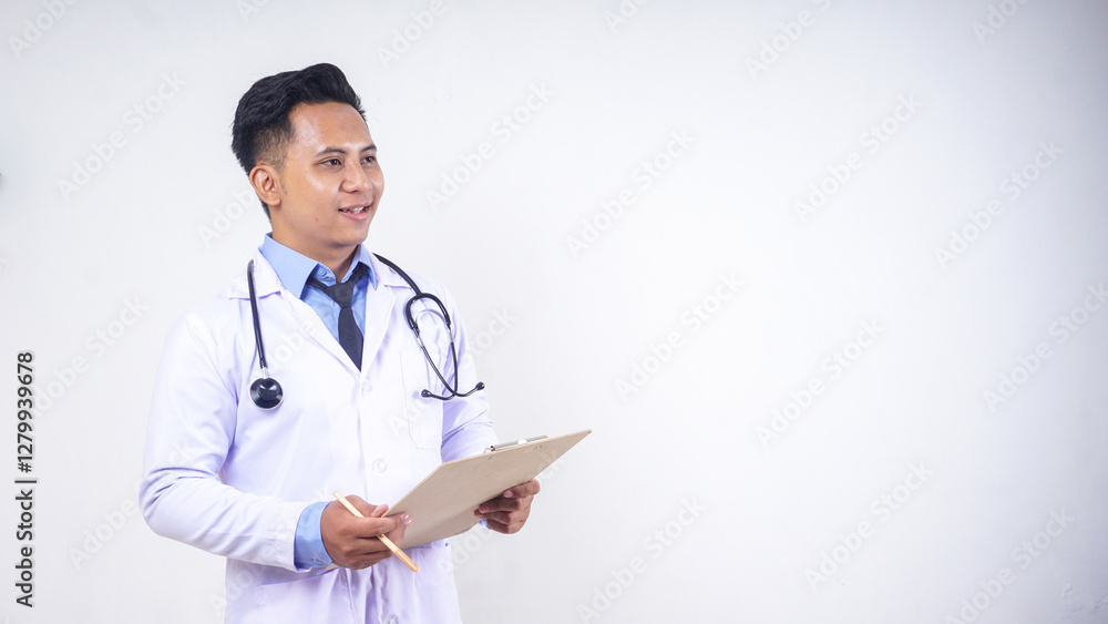 Portrait of Asian Male Doctor Holding Clipboard with Copy Space Isolated on White Background Portrait of Asian Male Doctor Holding Clipboard with Copy Space Isolated on White Background