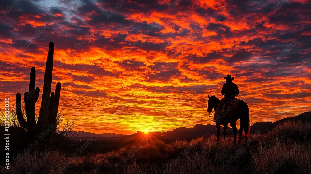 Fototapeta premium dramatic desert sunset with a silhouette of cacti, a lone rider on horseback, and the sky ablaze with fiery colors, Generative AI