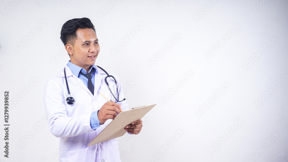 Portrait of Smart Asian Male Doctor Holding Clipboard with Copy Space Isolated on White Background Portrait of Smart Asian Male Doctor Holding Clipboard with Copy Space Isolated on White Background