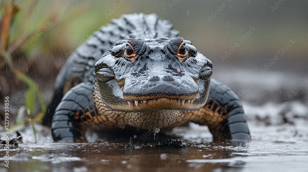 Fototapeta premium Alligator emerges, swamp rain, wildlife closeup