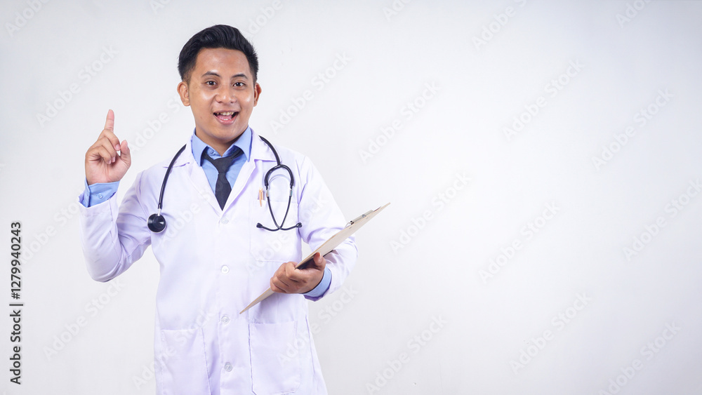 Portrait of Asian Male Doctor Showing Get Good Idea Pose with Copy Space Isolated on White Background Portrait of Asian Male Doctor Showing Get Good Idea Pose with Copy Space Isolated on White Background