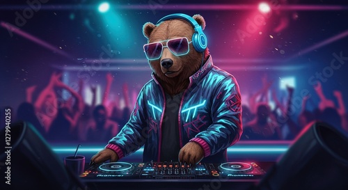 Cool Neon DJ Bear - Party Vibes & Motion Energy