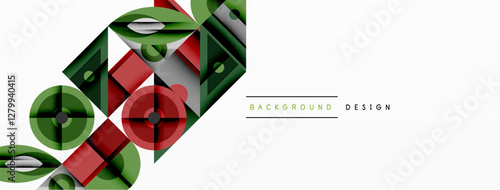 Geometric abstract composition with intersecting shapes, circles, triangles, and gradients, blending vibrant colors and dynamic contrasts to create a modern, futuristic visual design