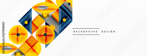 Geometric abstract composition with intersecting shapes, circles, triangles, and gradients, blending vibrant colors and dynamic contrasts to create a modern, futuristic visual design