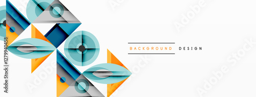 Geometric abstract composition with intersecting shapes, circles, triangles, and gradients, blending vibrant colors and dynamic contrasts to create a modern, futuristic visual design