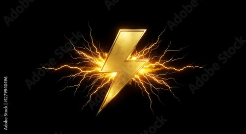 A golden lightning bolt emblem, encircled by a gritty, metallic gear, bursts with energy against a dark background. The grainy paper texture adds depth. photo