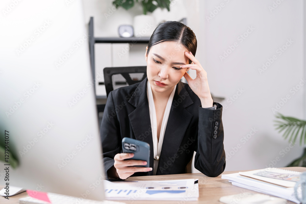 Stressed business woman sitting in front of her computer looking at a screen monitor, while holding a mobile phone in hand Stressed business woman sitting in front of her computer looking at a screen monitor, while holding a mobile phone in hand