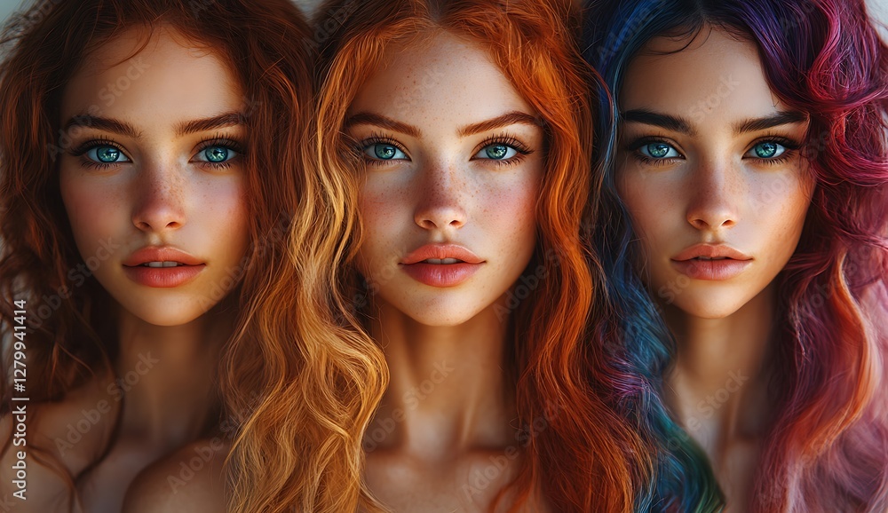 Three Women with Vibrant Wavy Hair in Orange and Pink Shades Three Women with Vibrant Wavy Hair in Orange and Pink Shades