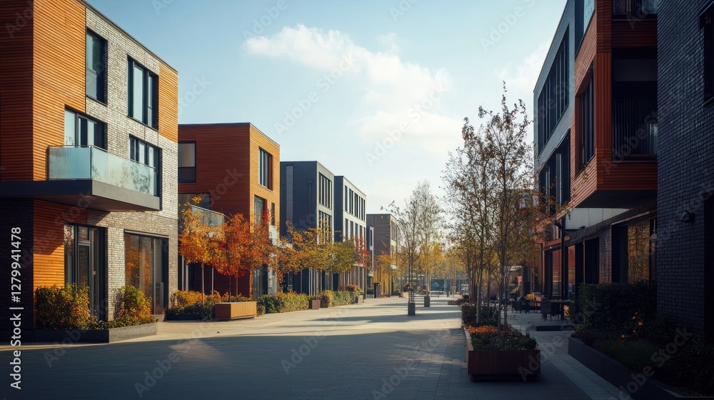 Fototapeta premium Modern Residential Architecture: Autumnal Street Scene