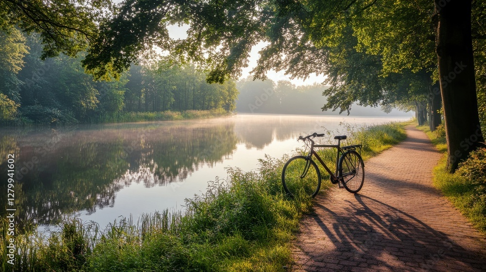Obraz premium A parked bicycle beside a peaceful lakeside path, reflecting on the still water as soft morning light filters through the trees.