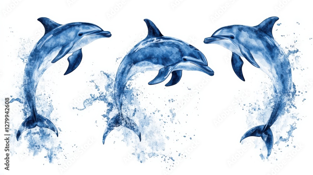 Fototapeta premium Three playful dolphins leaping through splashes of water against a white background